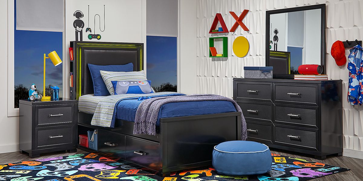 Kids Carbon Optix Black 5 Pc Twin Bedroom with LED Lights - Rooms To Go