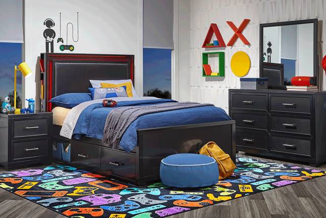 Kids Carbon Optix Black 4 Pc Full Storage Bed with LED Lights - Thumbnail - Image 2