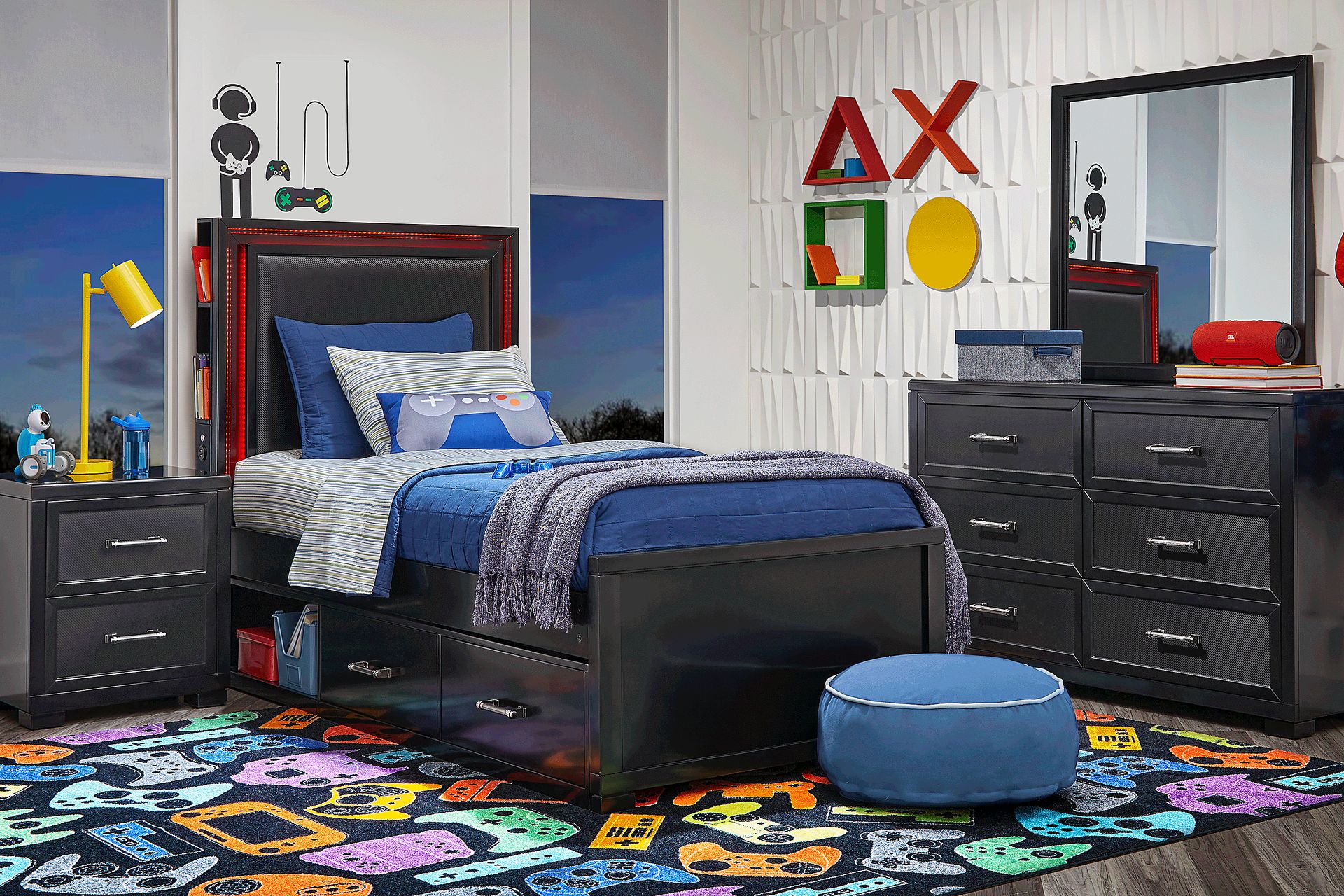Kids Carbon Optix Black 6 Pc Twin Storage Bedroom with LED Lights - Image 1