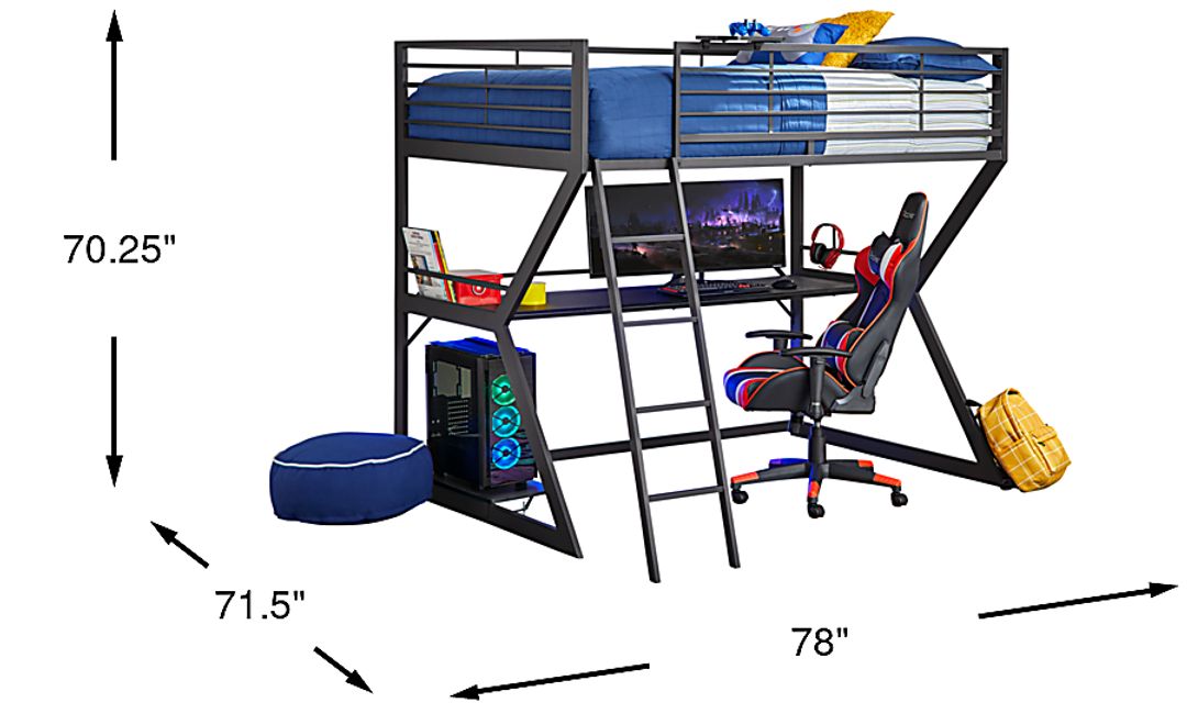 Kids Carbon Optix Black Full Gaming Loft Bed with LED Lights and Accessories
