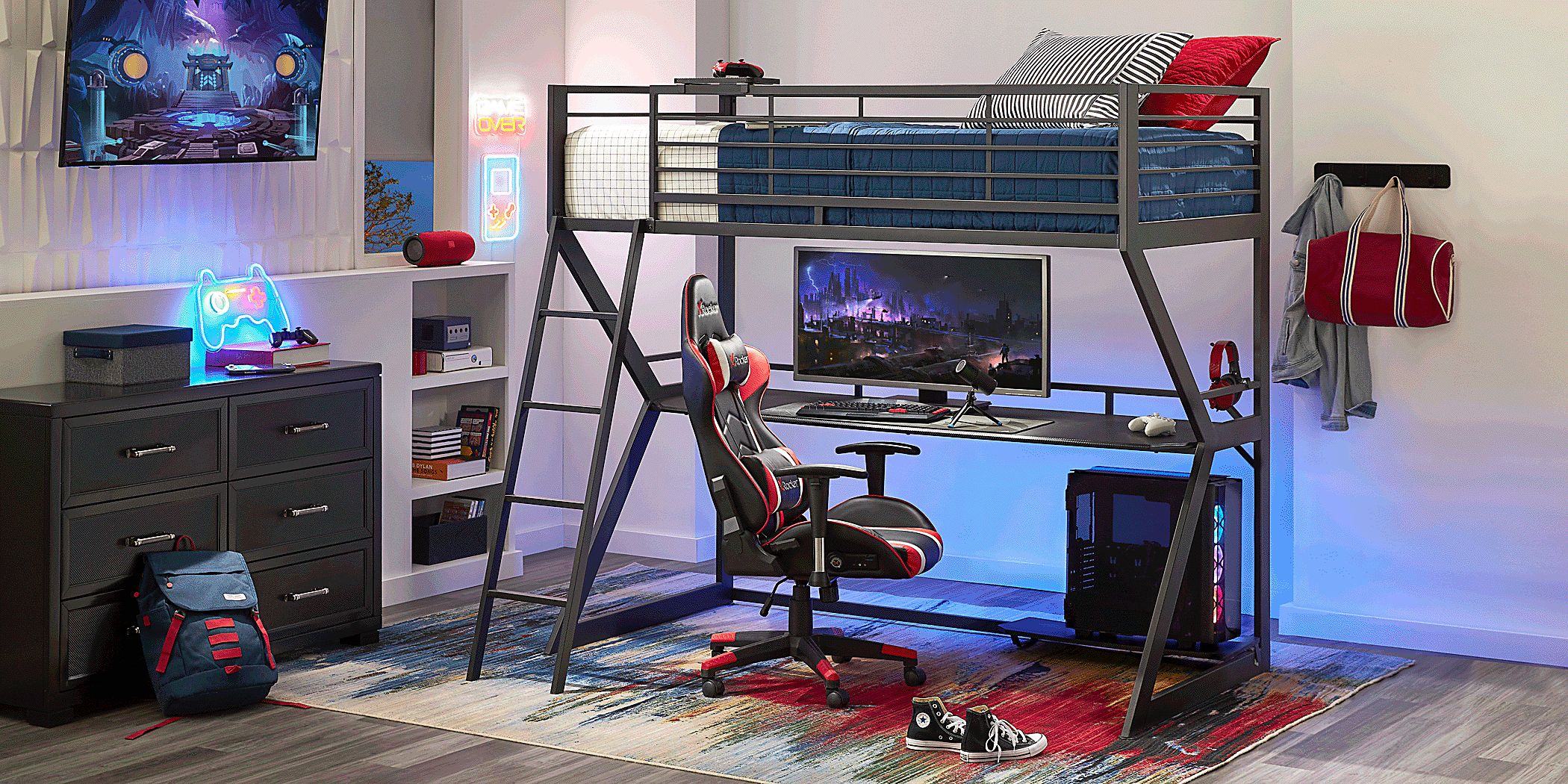 Kids Carbon Optix Black Twin Gaming Loft Bed with LED Lights and