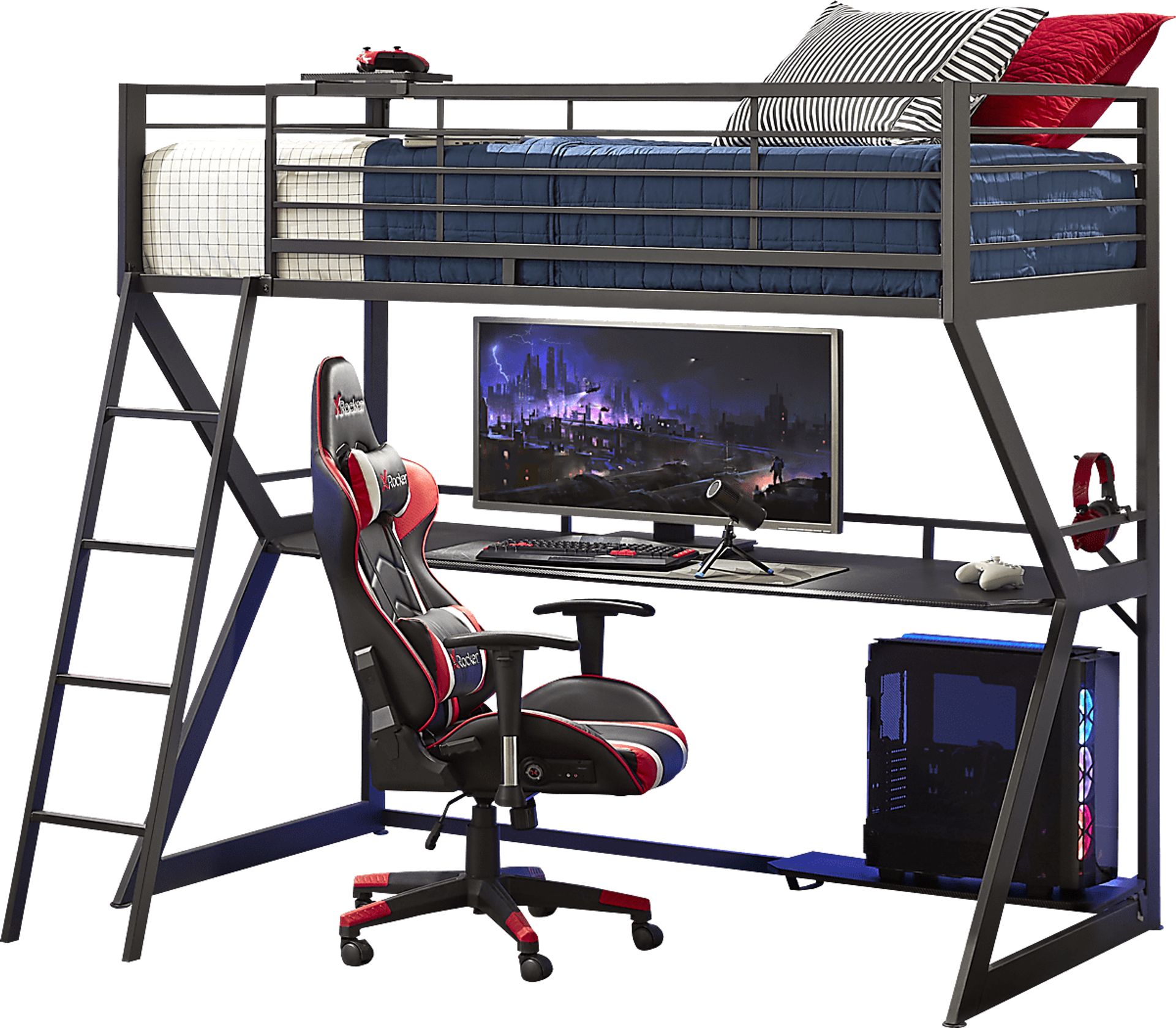 Kids Carbon Optix Black Twin Loft Gaming Bedroom with LED Lights and Accessories - Image 3