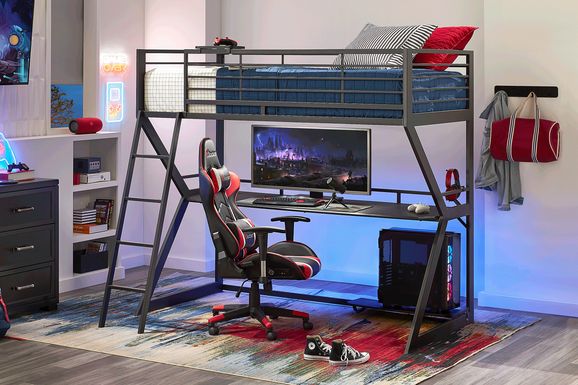 Kids Carbon Optix Black Twin Gaming Loft Bed with LED Lights and Accessories