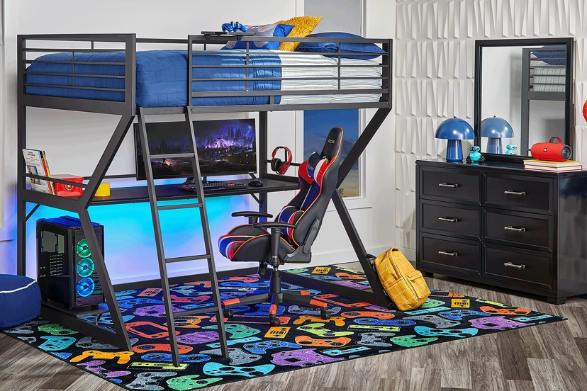 Kids Carbon Optix Black Full Gaming Loft Bed with LED Lights and Accessories