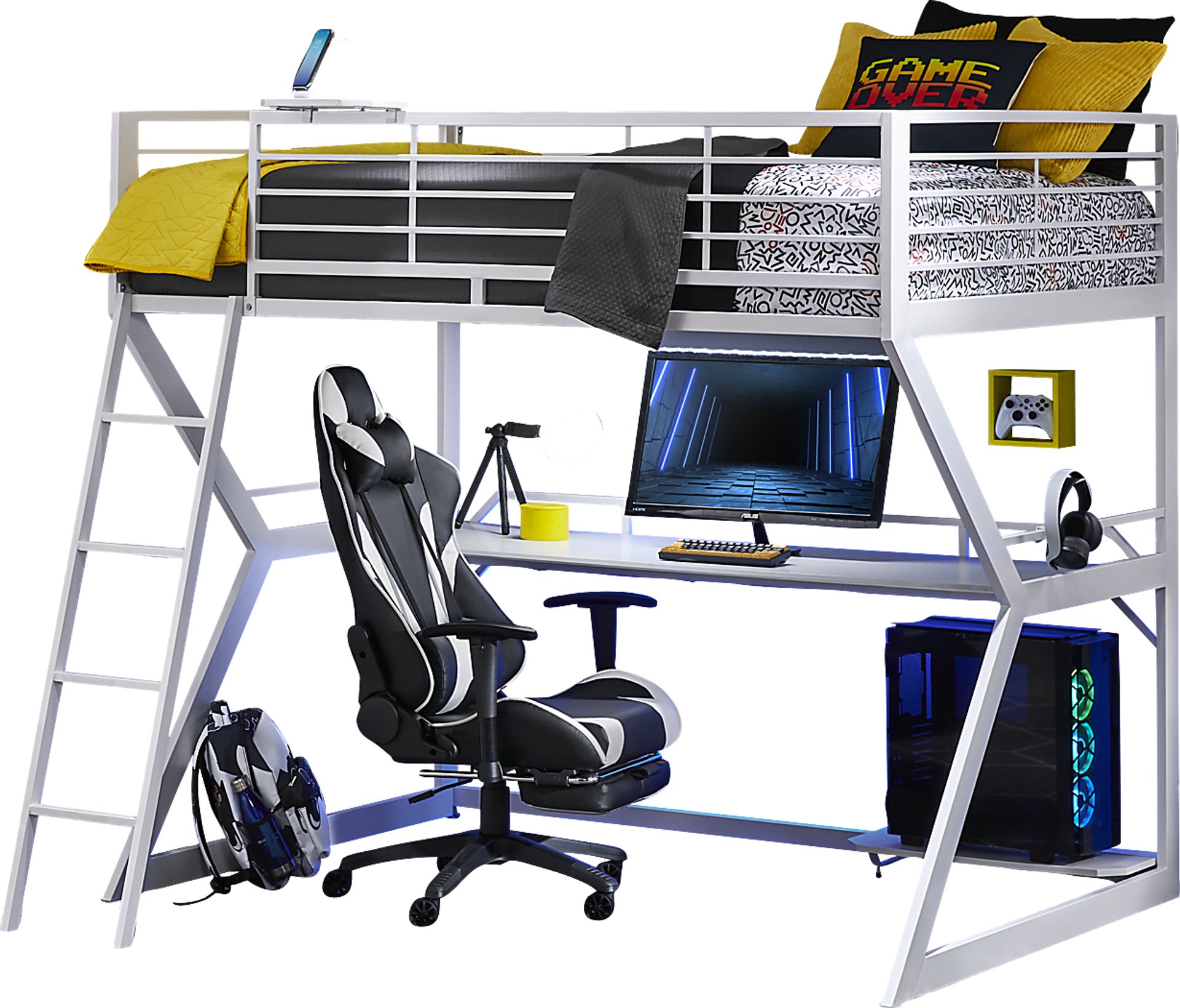 Kids Carbon Optix White Full Gaming Loft Bed with LED Lights and Accessories - Image 1