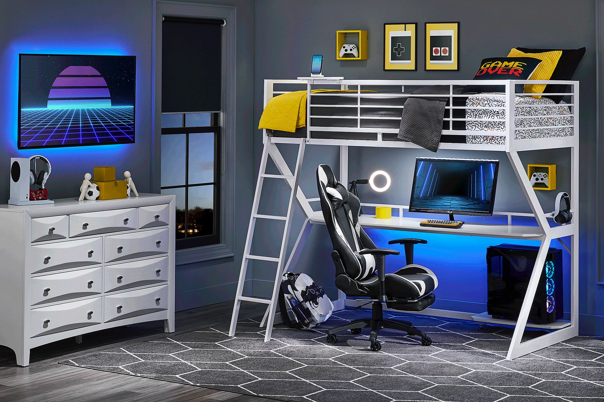 Kids Carbon Optix White Twin Gaming Loft Bed with LED Lights and Accessories - Image 2