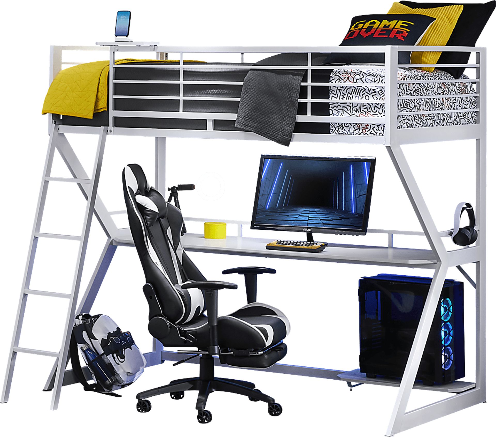 Kids Carbon Optix White Twin Gaming Loft Bed with LED Lights and Accessories - Image 1