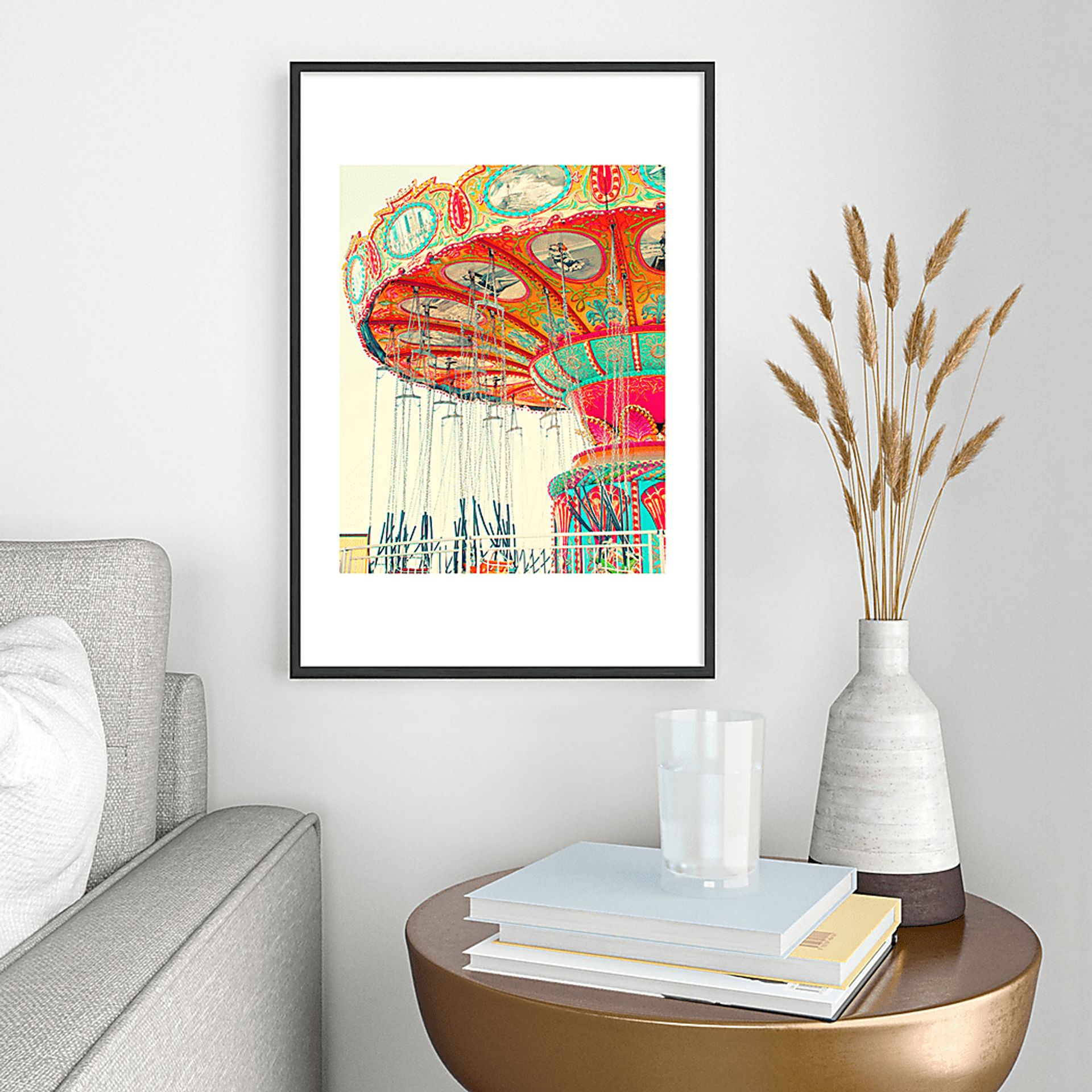 Kids Carousel Swing Beige Metal Framed Print - Image 2