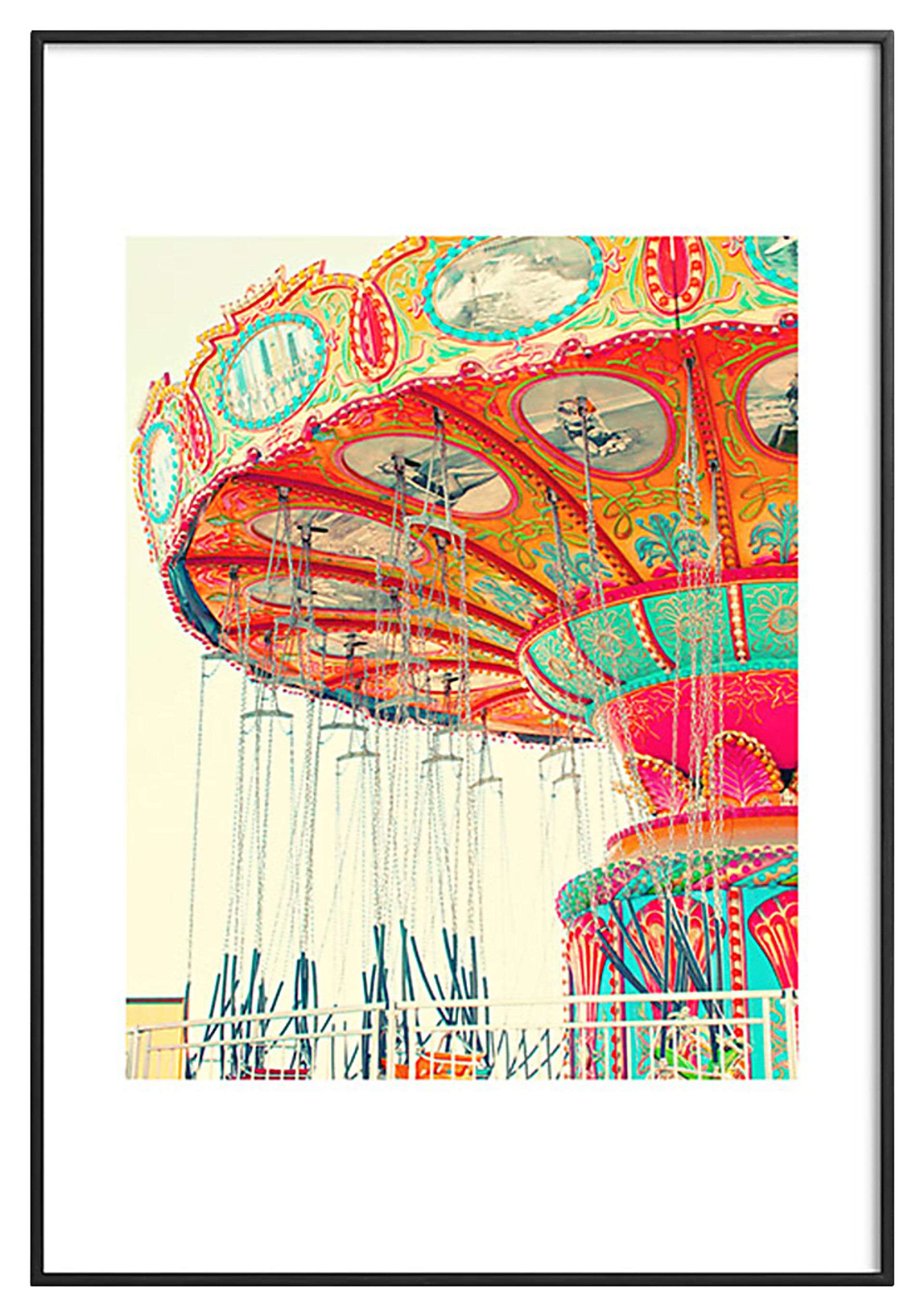 Kids Carousel Swing Beige Metal Framed Print - Image 1