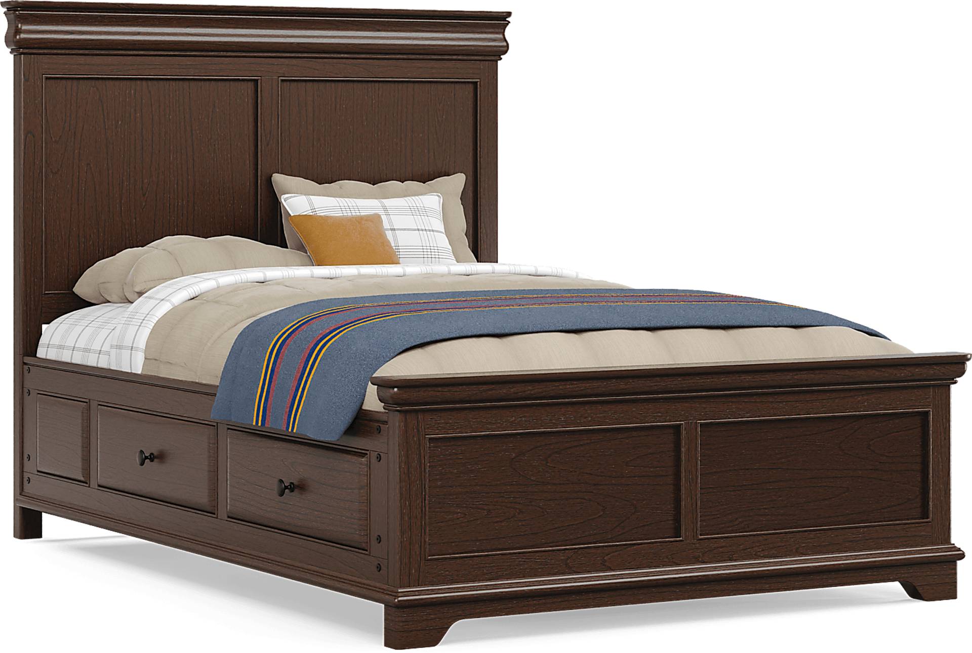 chocolate full bed with 2 storage rails