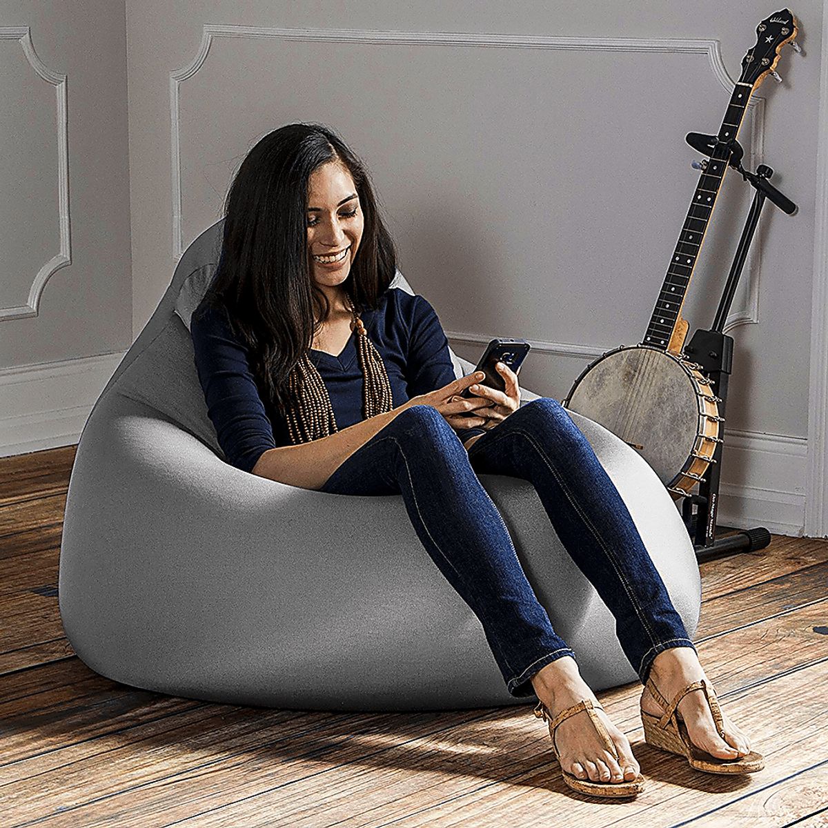 Cloud Nest Large Silver Gray Nylon Fabric Bean Bag Chair 