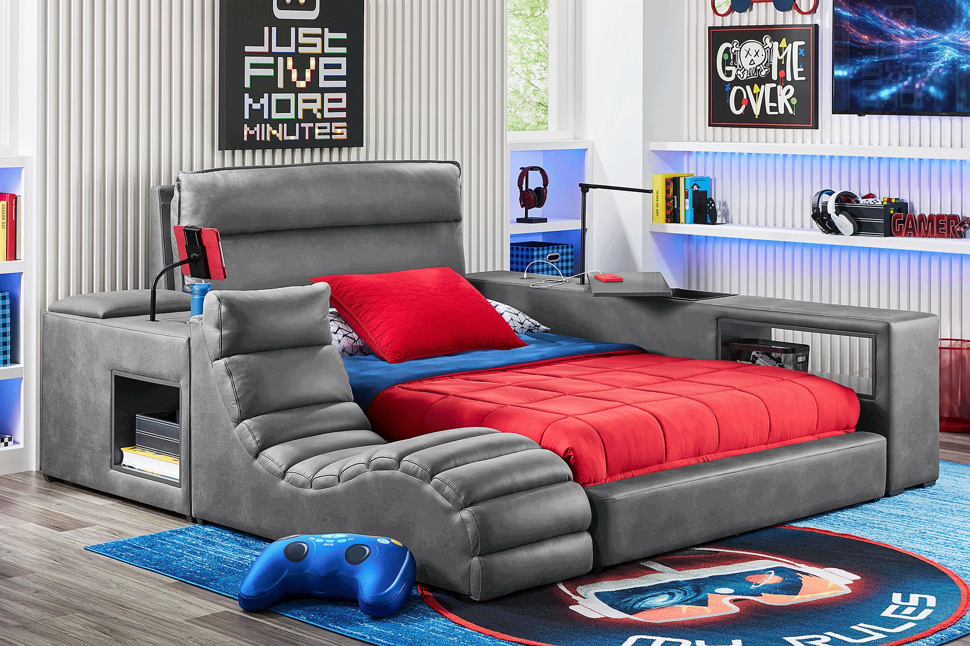 Kids Cloud9 Charcoal Full Upholstered Bed with Nightstand and Bookcase - Image 2