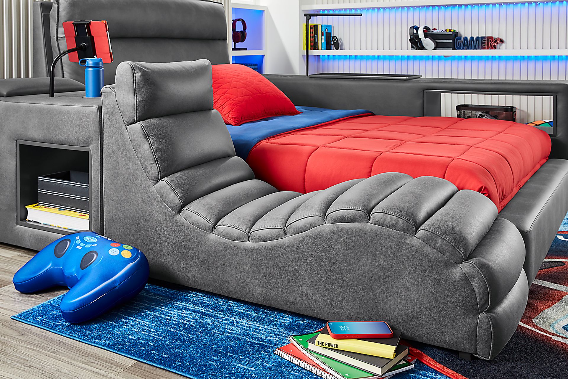 Kids Cloud9 Charcoal Full Upholstered Bed with Nightstand, Lounger and Bookcase - Image 5