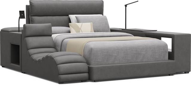 Kids Cloud9 Charcoal Full Upholstered Bed with Nightstand, Lounger and Bookcase - Thumbnail - Image 1
