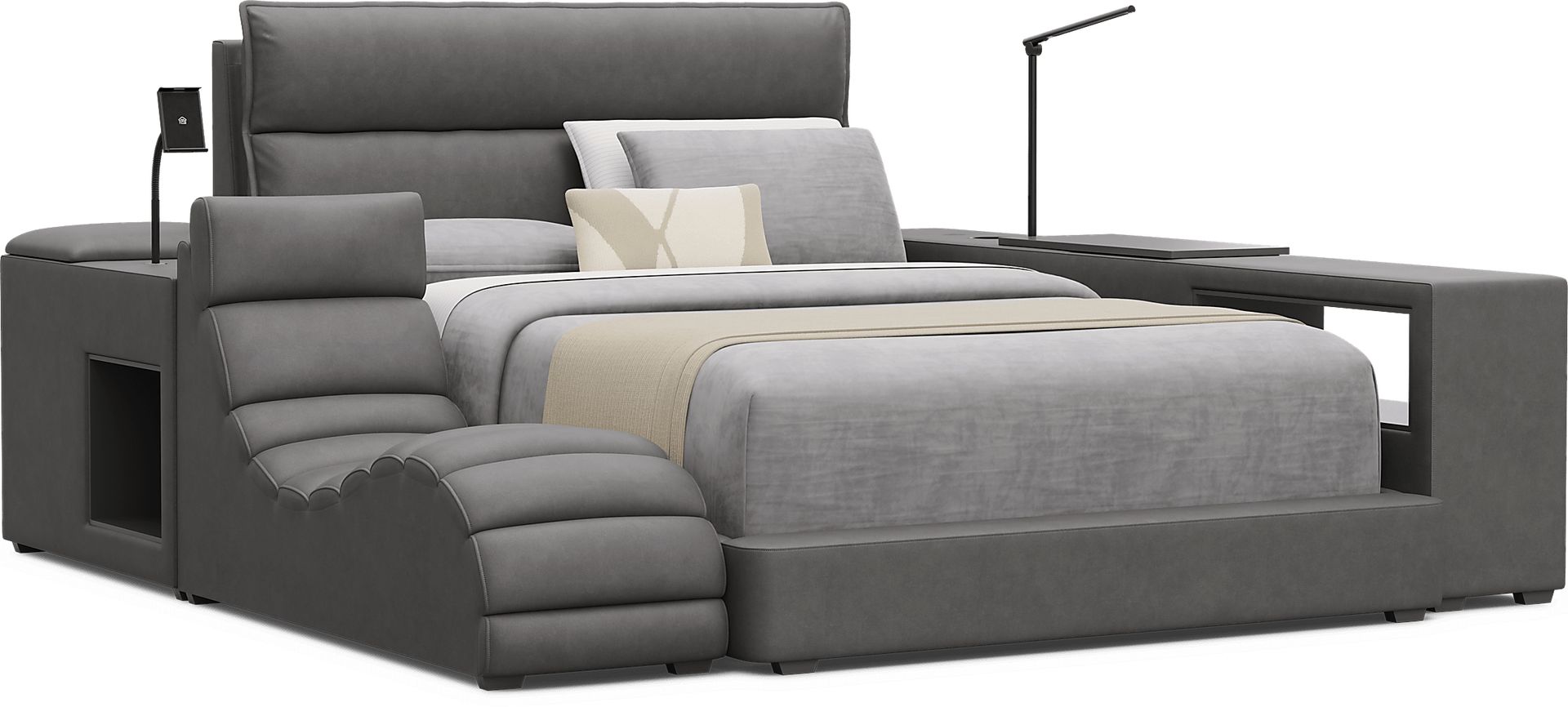 Kids Cloud9 Charcoal Full Upholstered Bed with Nightstand, Lounger and Bookcase - Image 1