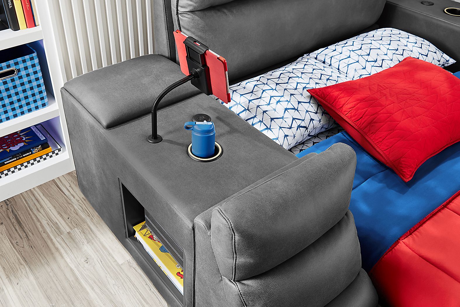 Kids Cloud9 Charcoal Full Upholstered Bed with Nightstand - Thumbnail 4