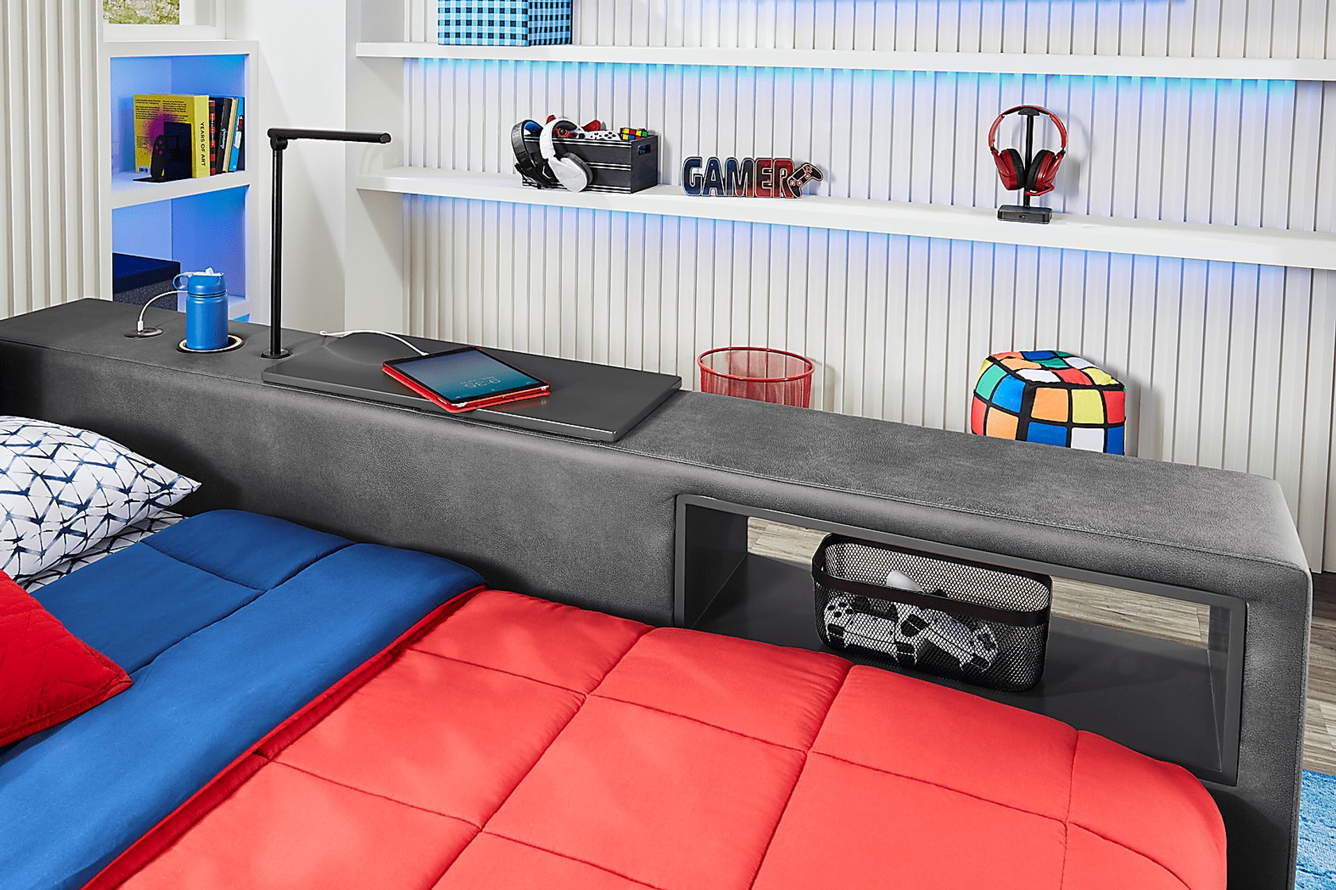 Kids Cloud9 Charcoal Twin Upholstered Bed with Nightstand and Bookcase - Image 5