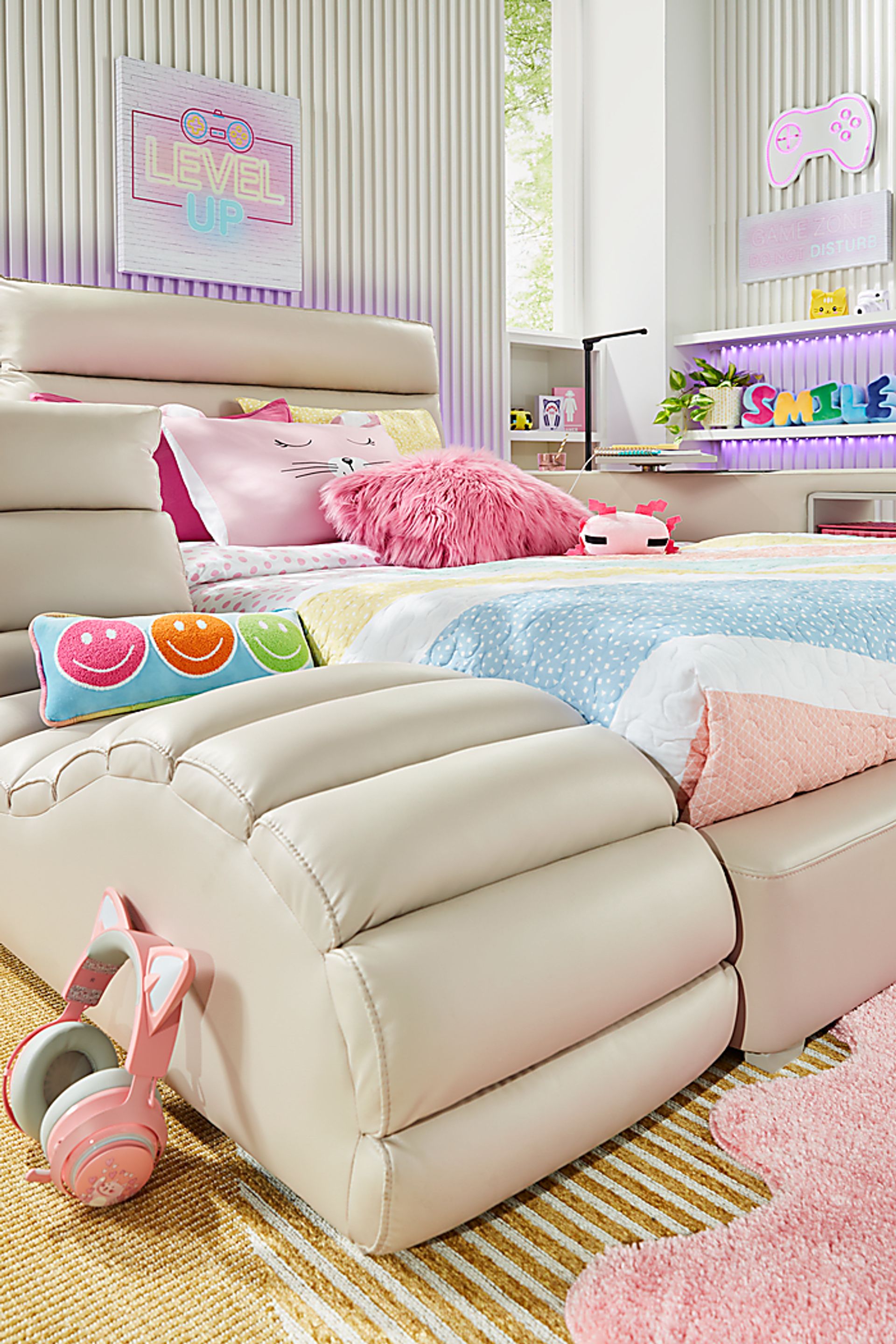 Kids Cloud9 Cream Full Upholstered Bed with Nightstand, Lounger and Bookcase - Image 6
