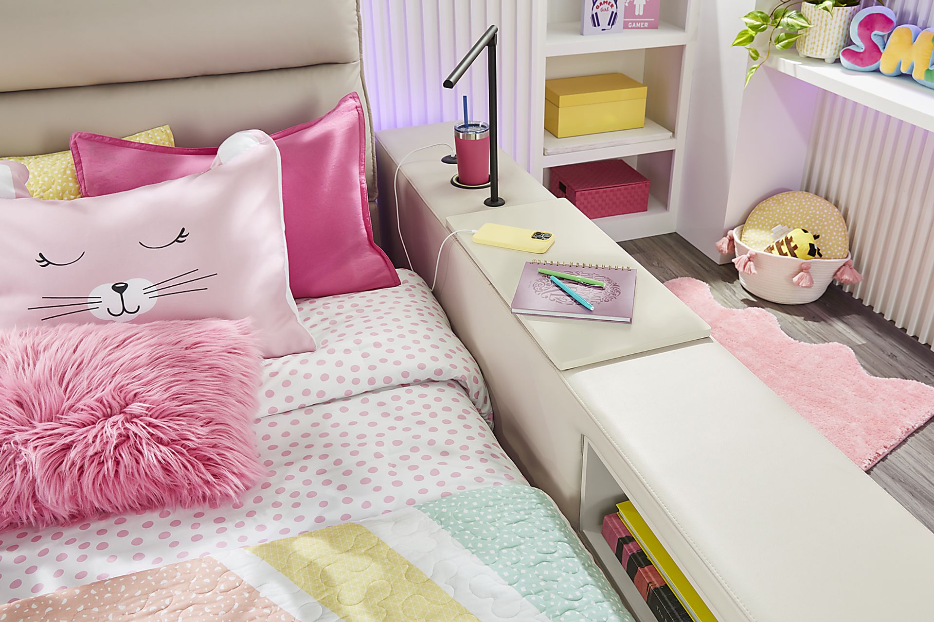 Kids Cloud9 Cream Full Upholstered Bed with Nightstand, Lounger and Bookcase - Image 8