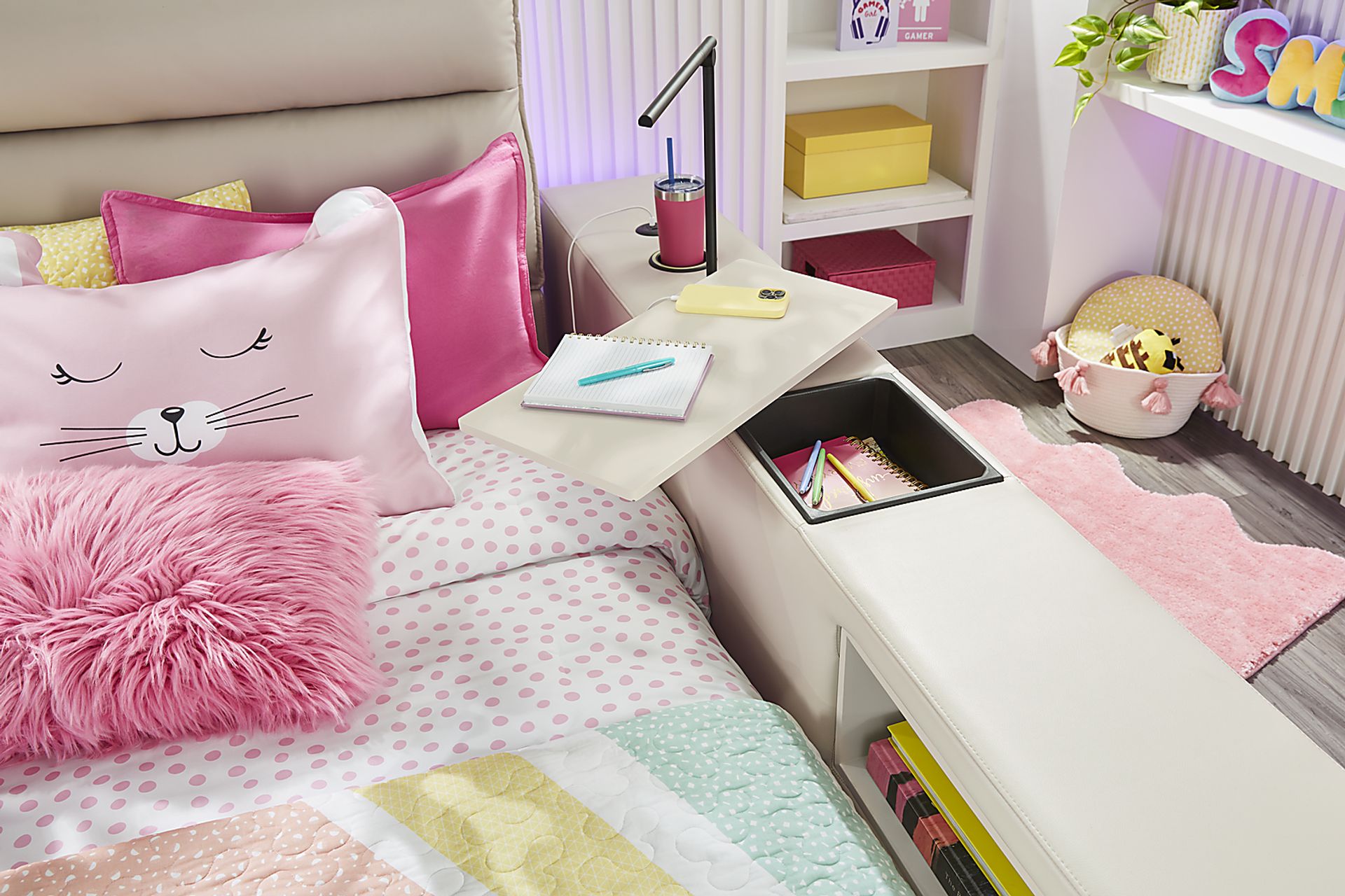 Kids Cloud9 Cream Full Upholstered Bed with Nightstand, Lounger and Bookcase - Image 9