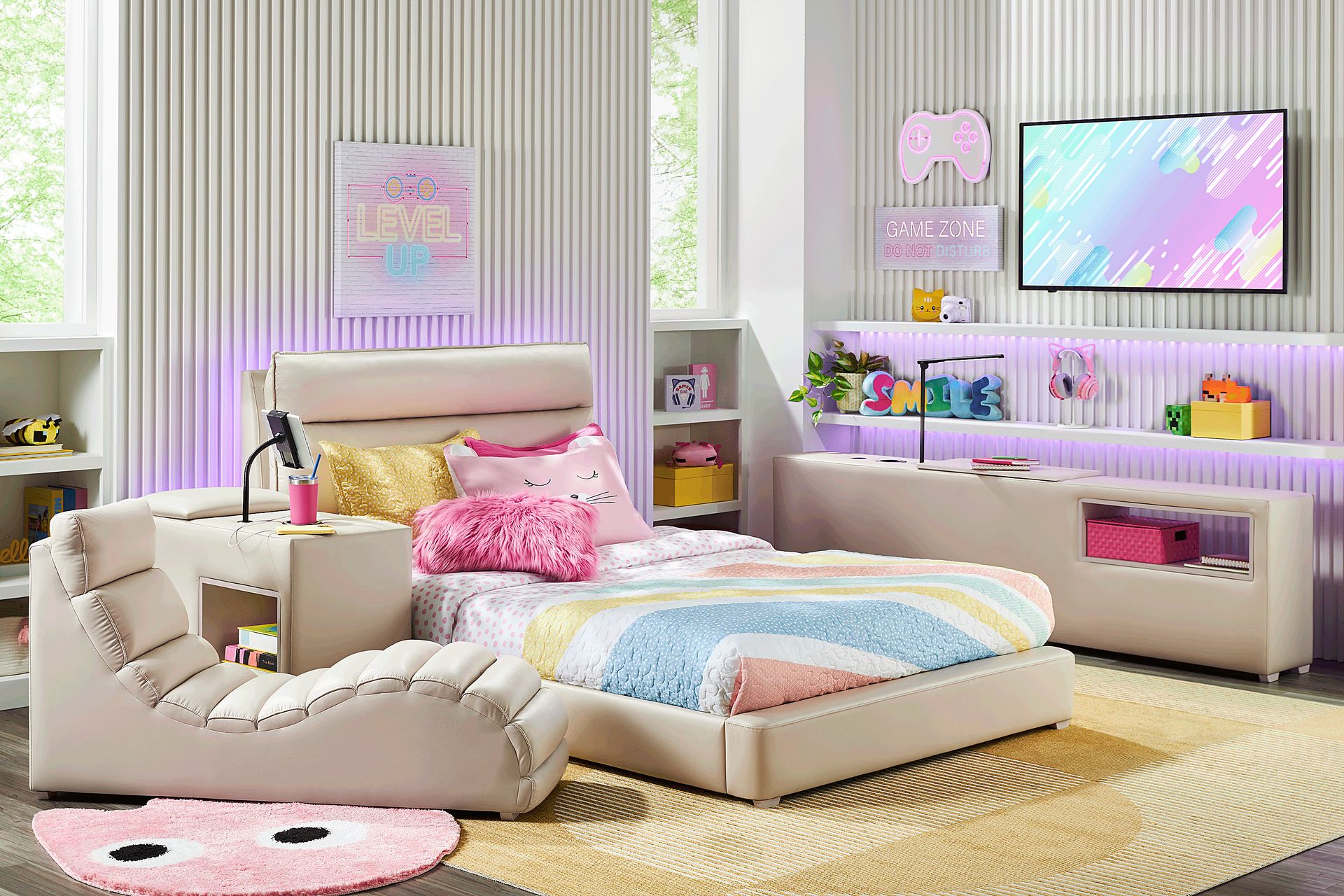Kids Cloud9 Cream Full Upholstered Bed with Nightstand, Lounger and Bookcase - Image 3