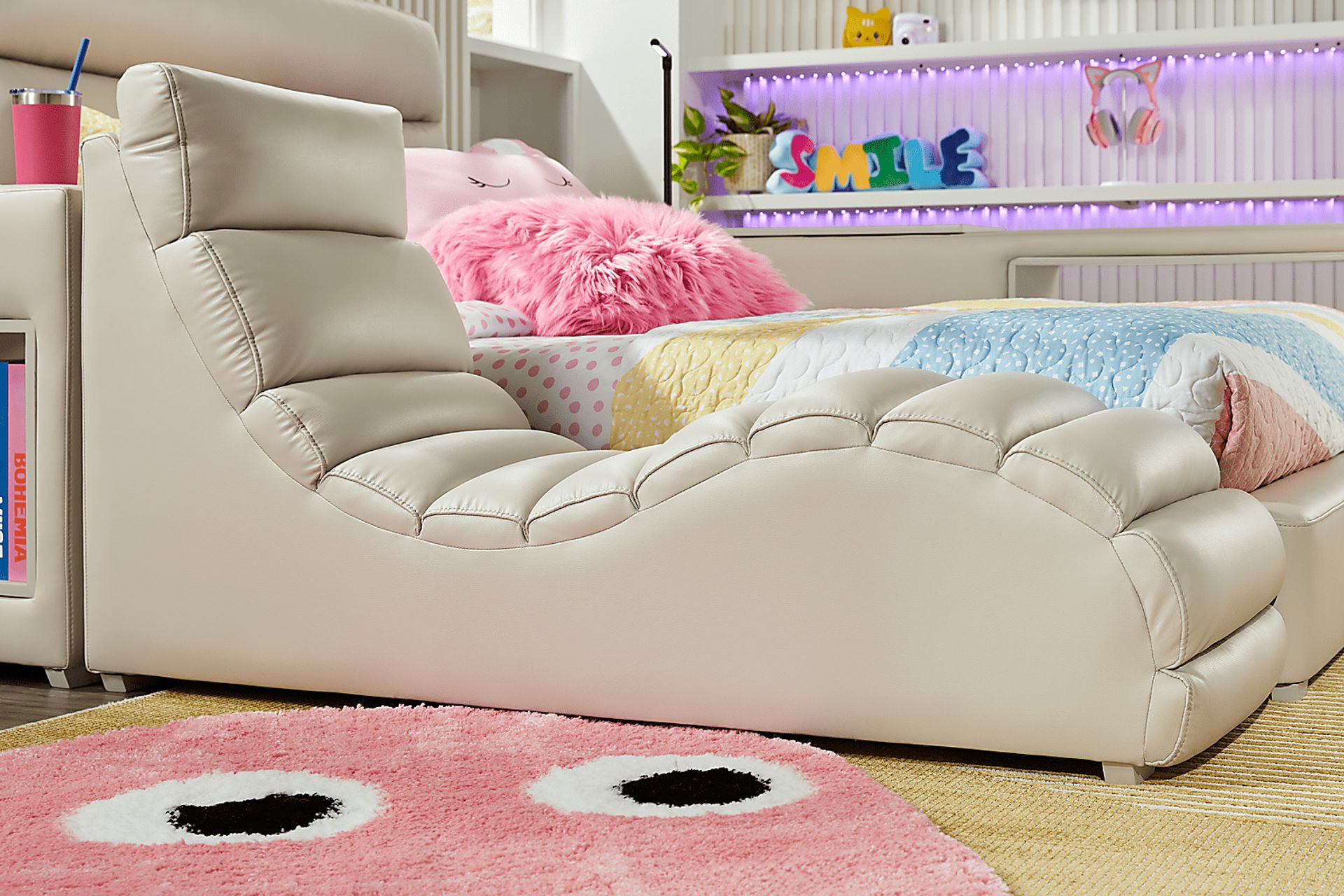 Kids Cloud9 Cream Twin Upholstered Bed with Nightstand, Lounger and Bookcase - Image 5