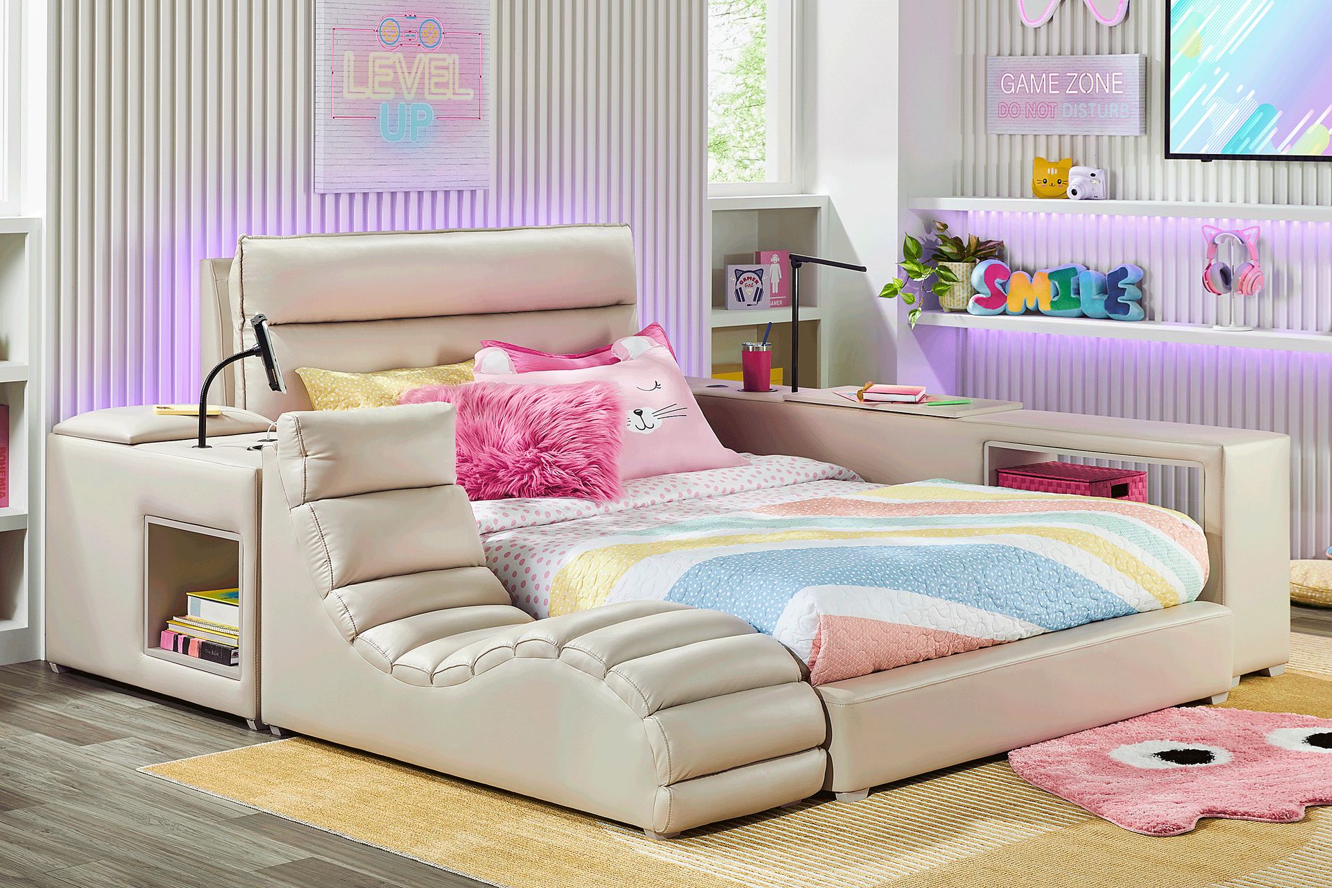 Kids Cloud9 Cream Twin Upholstered Bed with Nightstand - Image 2