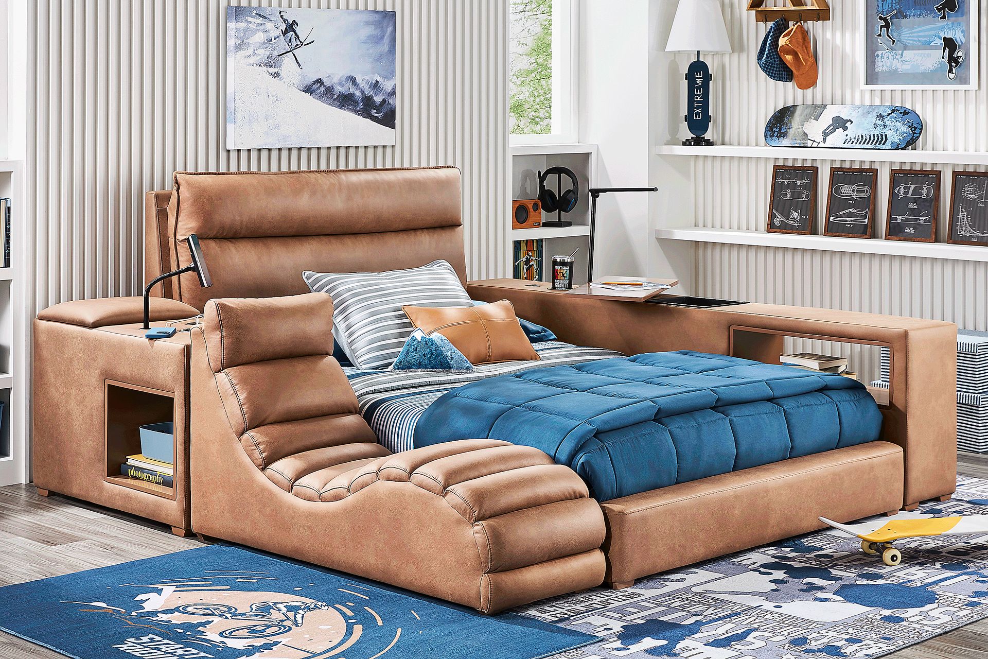 Kids Cloud9 Saddle Twin Upholstered Bed with Nightstand and Lounger - Image 2
