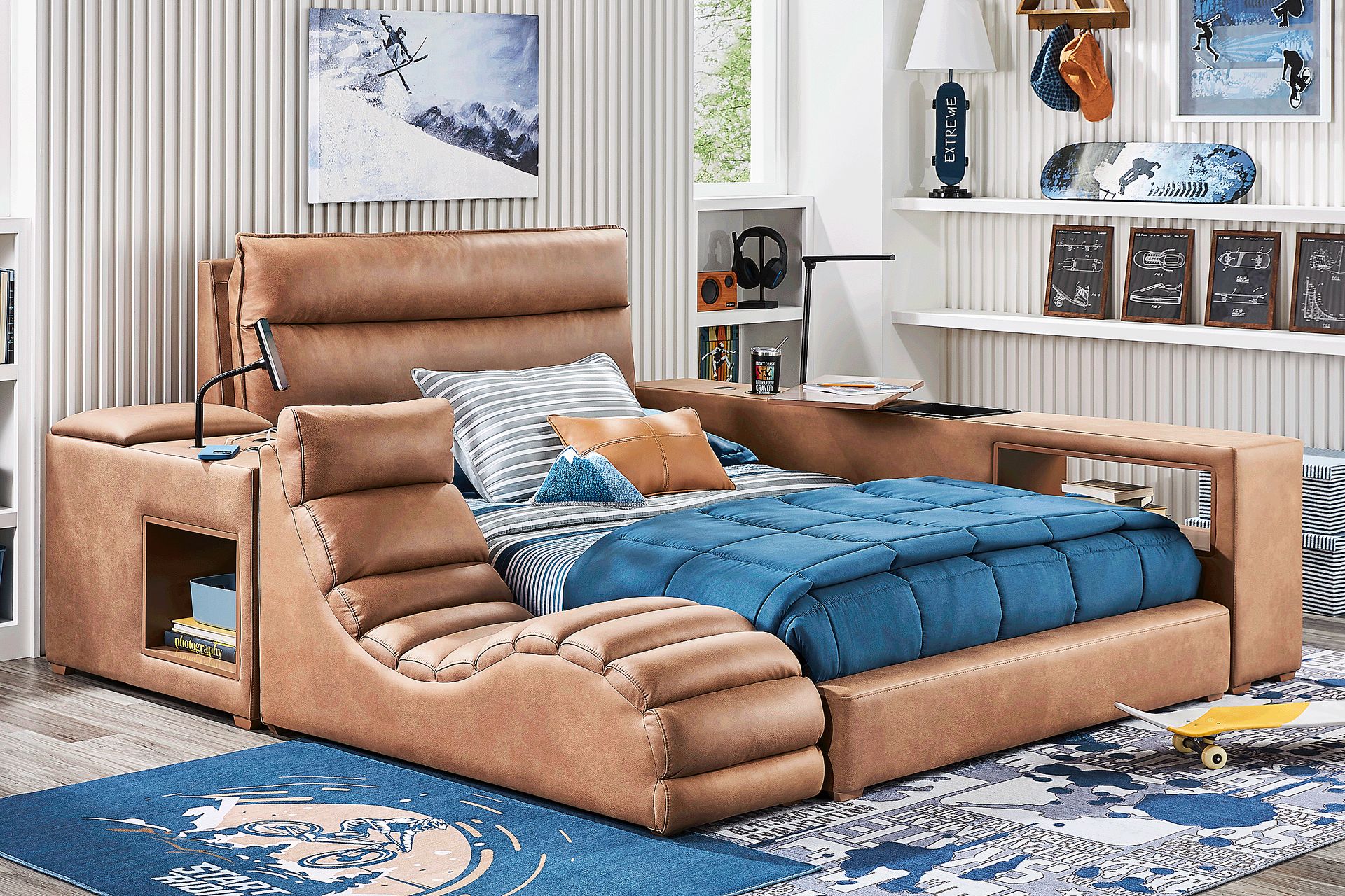 Kids Cloud9 Saddle Twin Upholstered Bed with Nightstand and Lounger - Image 2