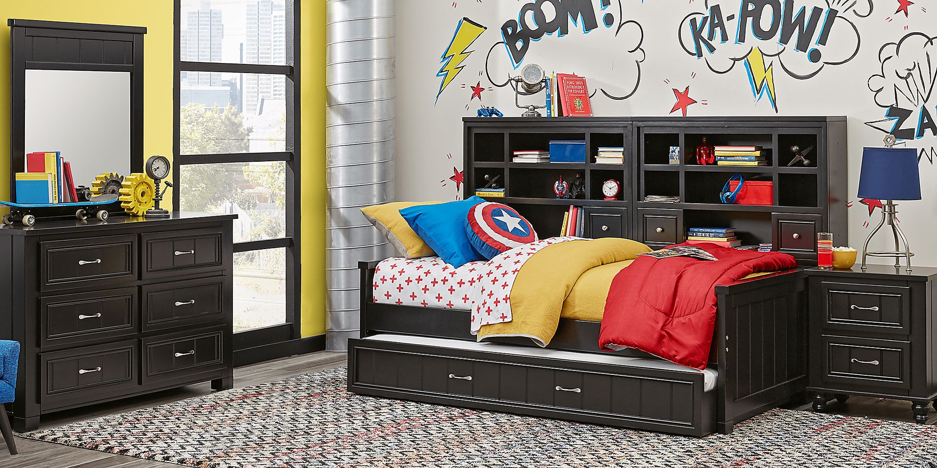 Kids Cottage Colors Black Twin Bookcase Wall Bed - Image 2