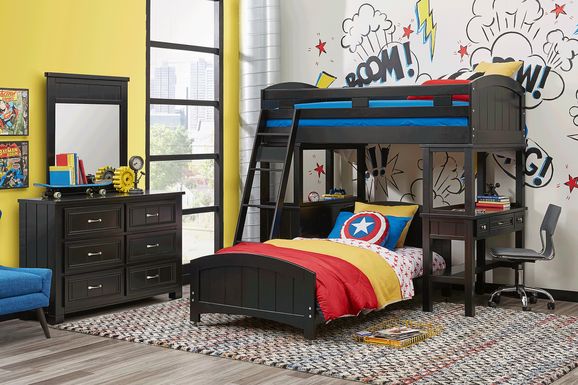 Kids Cottage Colors Black Twin Loft Bunk with Desk and Dresser