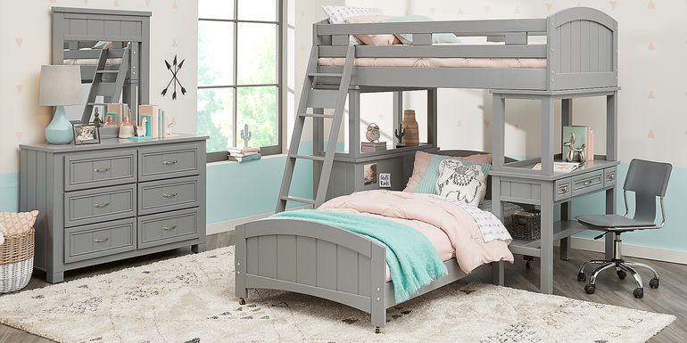 Kids Cottage Colors Gray Twin Loft Bunk with Desk and Dresser