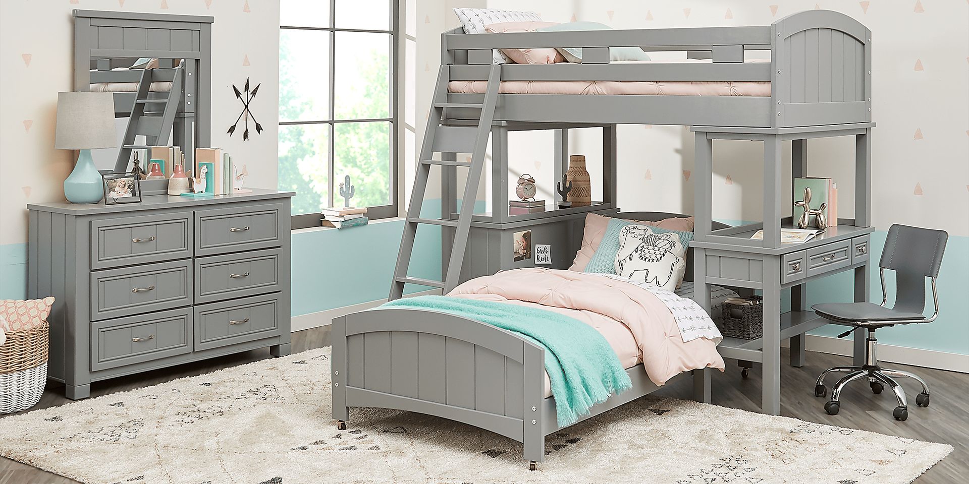 Kids Cottage Colors Gray Twin Loft Bunk with Desk and Dresser - Image 2