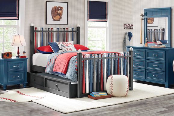 Kids Cottage Colors Navy 5 Pc Bedroom with Batter Up Painted Full Baseball Bat Bed