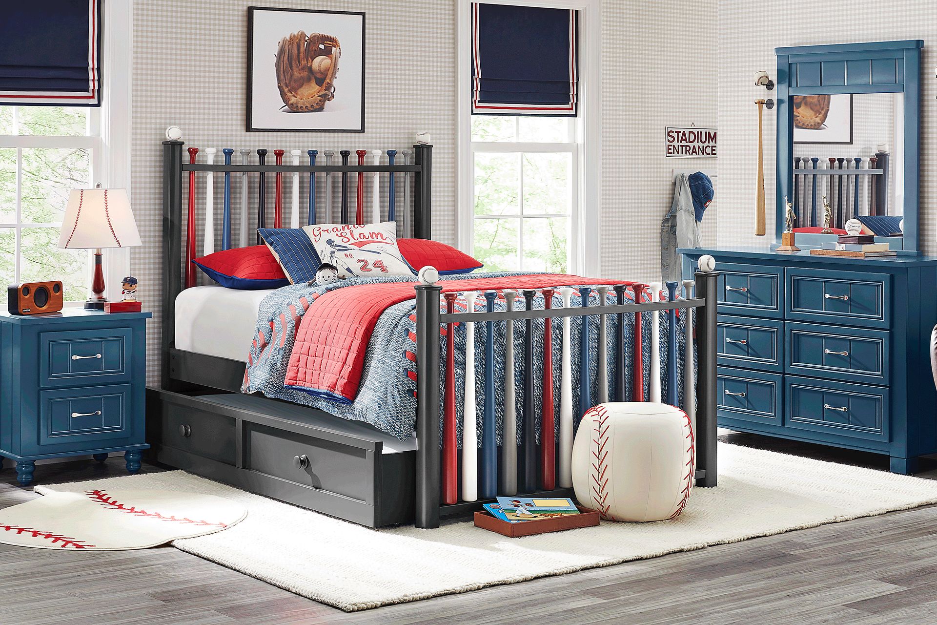 Kids Cottage Colors Navy Bedroom with Batter Up Painted Full Baseball Bat Bed - Image 1