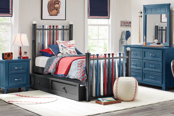 Kids Cottage Colors Navy 5 Pc Bedroom with Batter Up Painted Twin Baseball Bat Bed