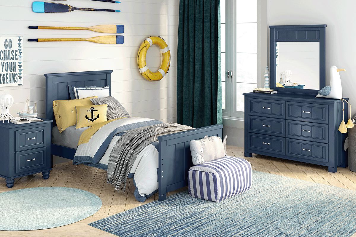 Cottage Colors 5 Pc Navy Twin Bedroom Set With Mirror, Dresser, 3 Pc Twin Panel Bed Rooms to Go