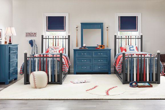 Kids Cottage Colors Navy 8 Pc Bedroom with 2 Batter Up Painted Twin Baseball Bat Beds