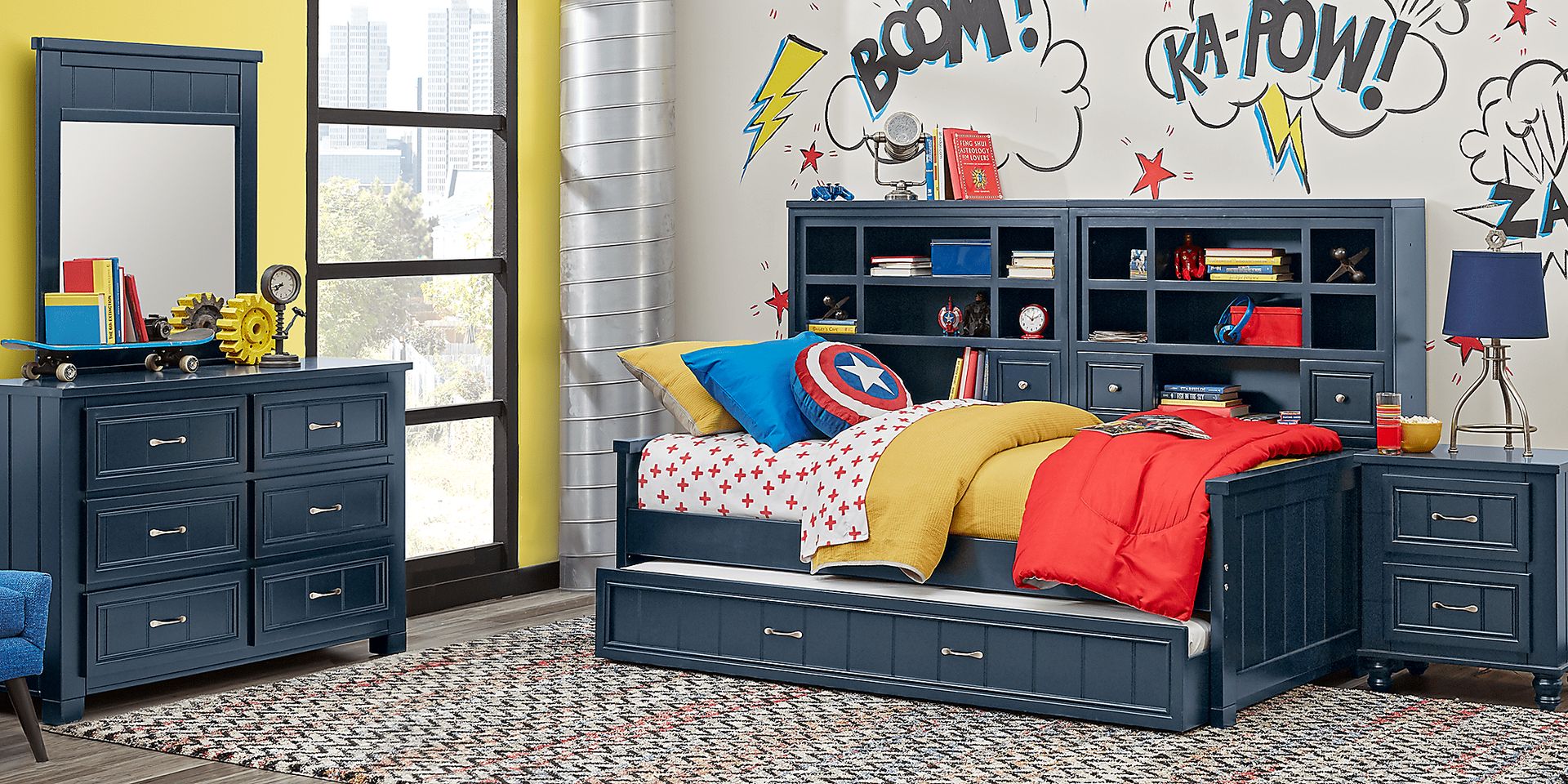 Kids Cottage Colors Navy Twin Bookcase Wall Bed - Image 2