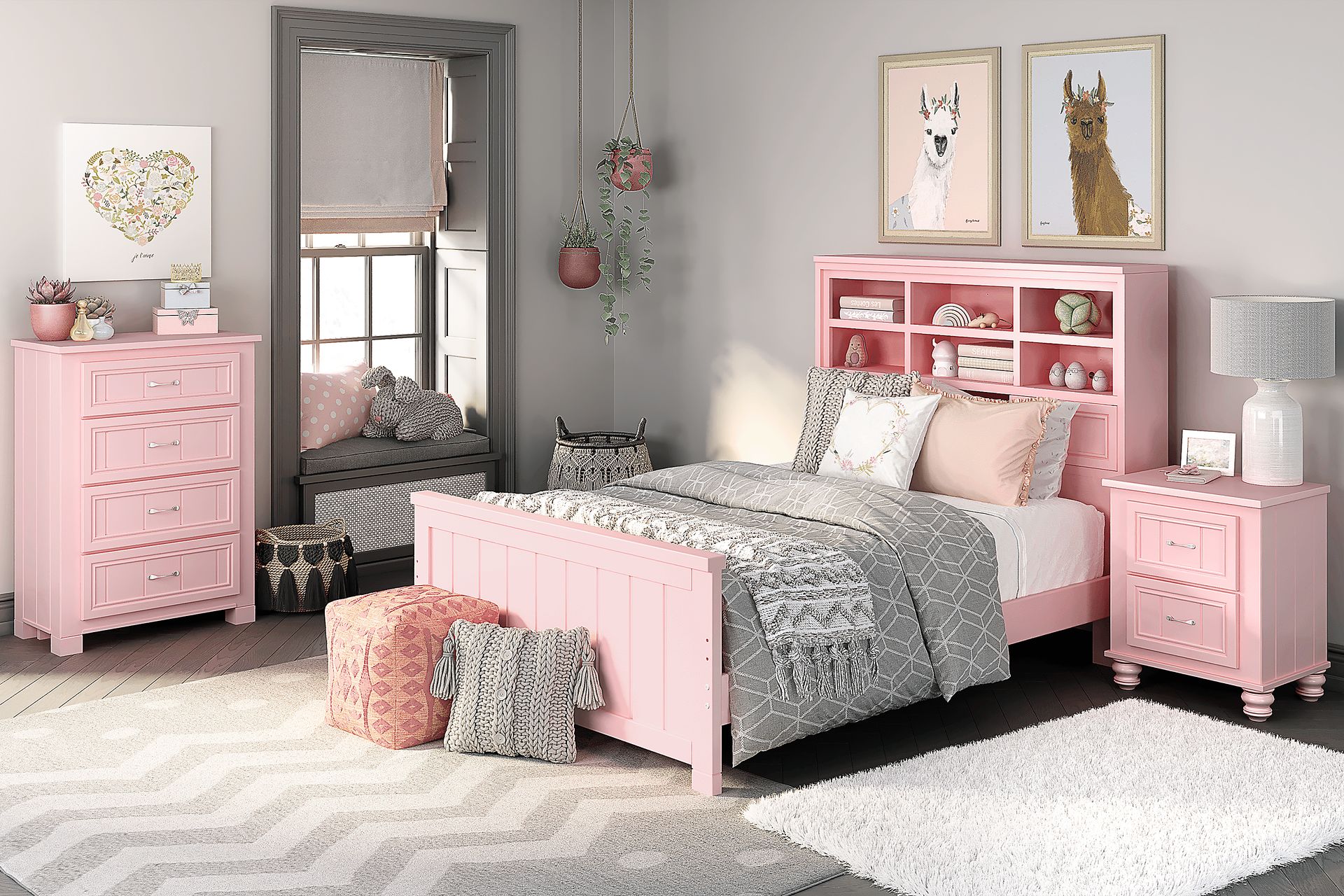 Cottage Colors 5 Pc Pink Full Bedroom Set With Nightstand Chest 3 Pc Full Bookcase Bed Rooms to Go