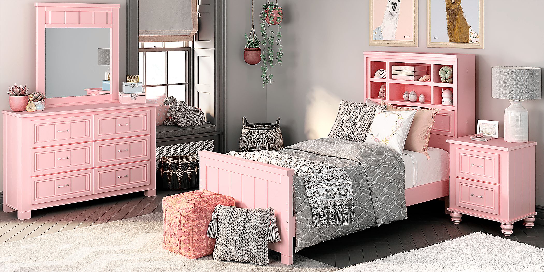 Kids Cottage Colors Pink 5 Pc Twin Bookcase Bedroom