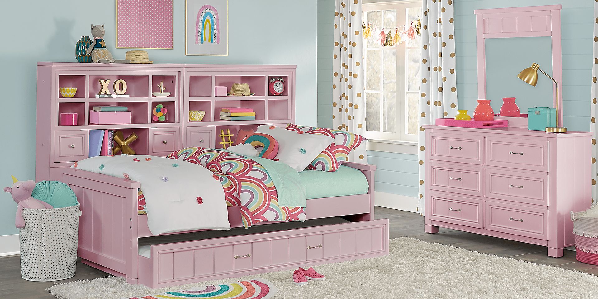Kids Cottage Colors Pink 5 Pc Twin Bookcase Wall Bed - Image 3