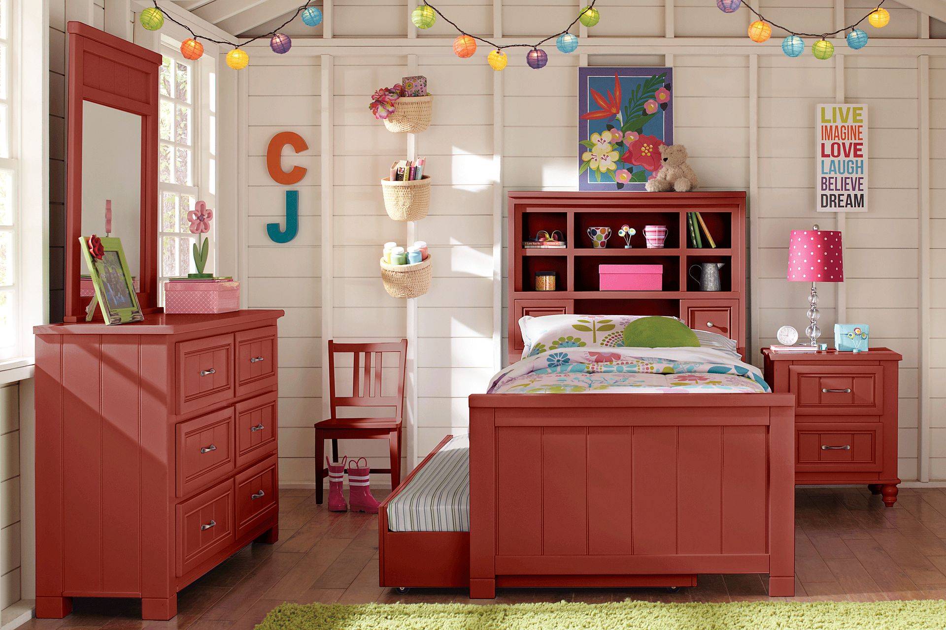 Kids Cottage Colors Red 5 Pc Twin Bookcase Bedroom - Image 1