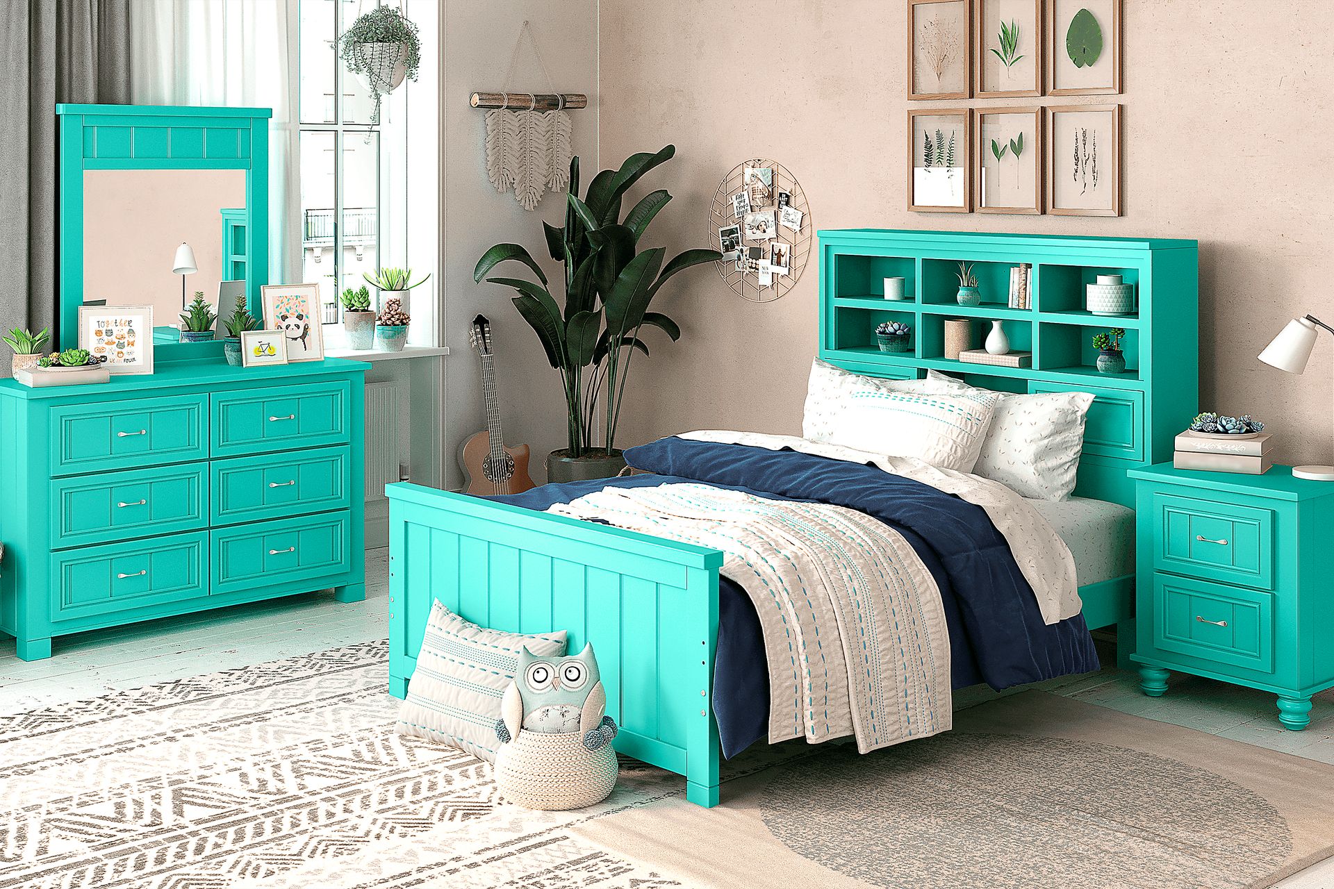 Kids Cottage Colors Turquoise 5 Pc Full Bookcase Bedroom - Image 1