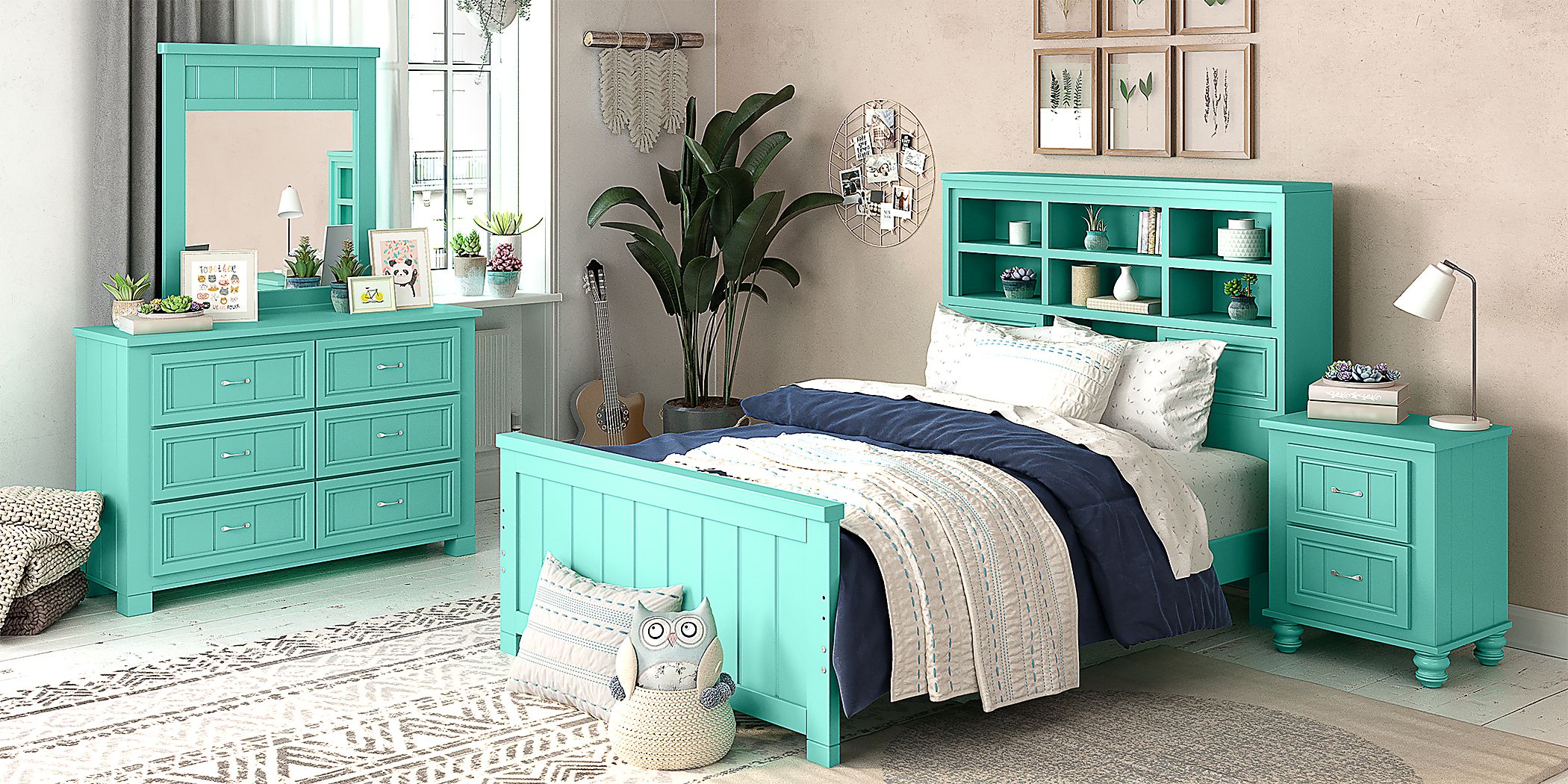 Kids Cottage Colors Turquoise 5 Pc Full Bookcase Bedroom