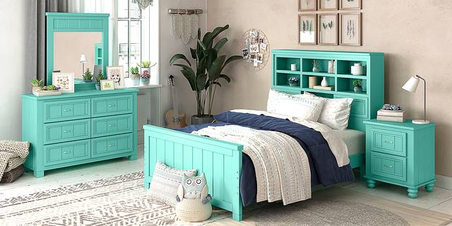 Kids Cottage Colors Turquoise 3 Pc Full Bookcase Bed - Thumbnail - Image 2
