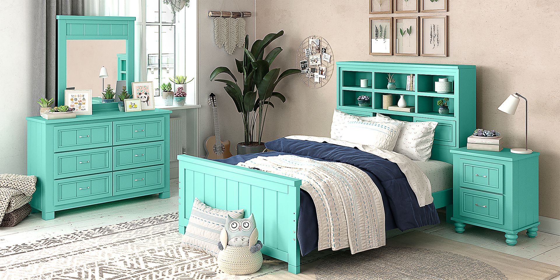 Kids Cottage Colors Turquoise 3 Pc Full Bookcase Bed - Image 2