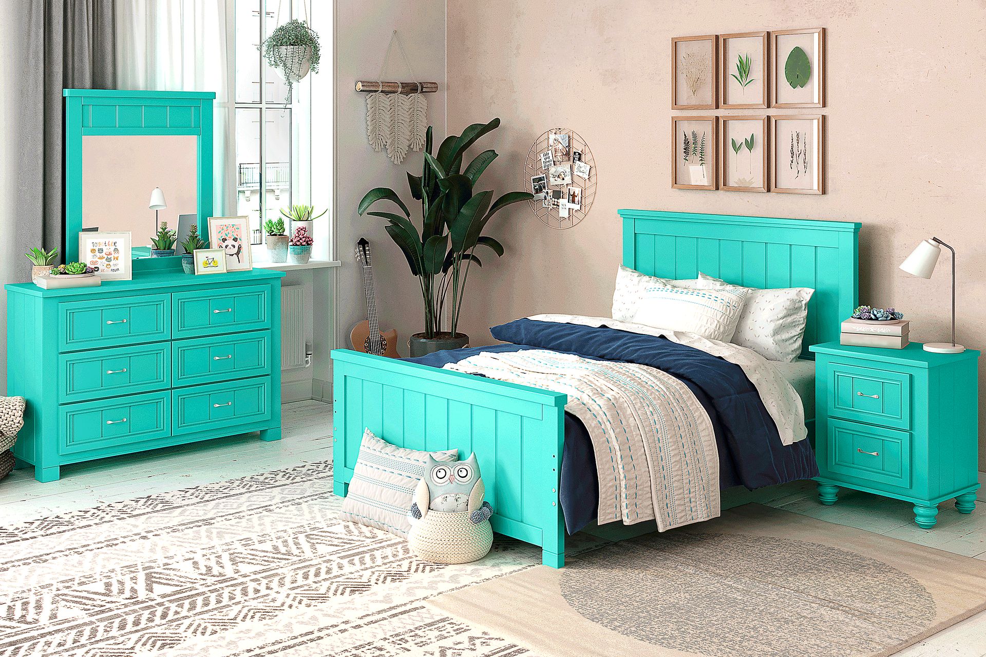 Kids Cottage Colors Turquoise 3 Pc Full Panel Bed - Image 2