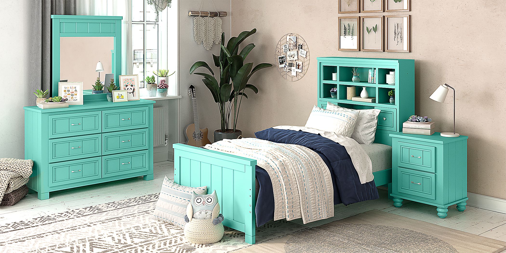 Kids Cottage Colors Turquoise 5 Pc Twin Bookcase Bedroom