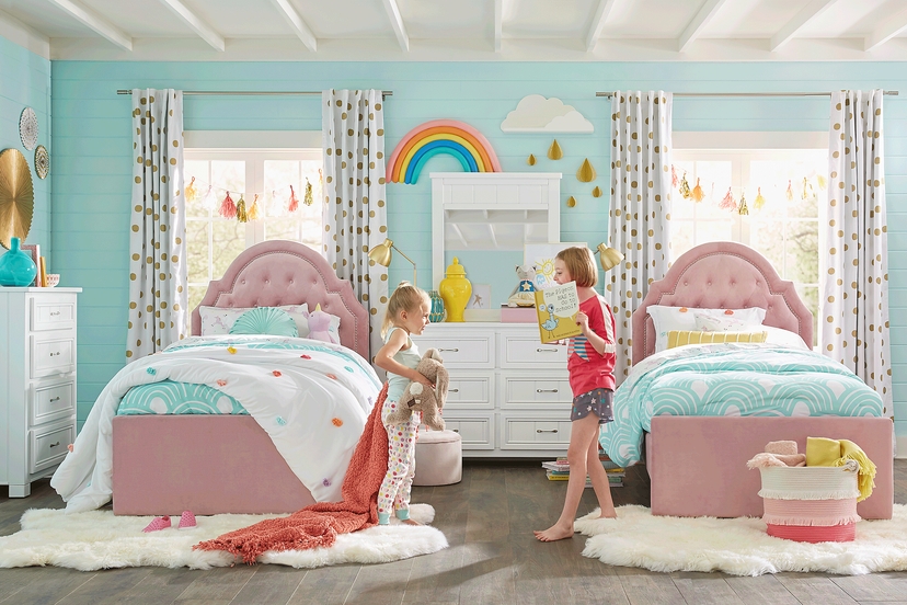 Kids Cottage Colors White Bedroom with 2 Braelynn Pink Twin Upholstered Beds